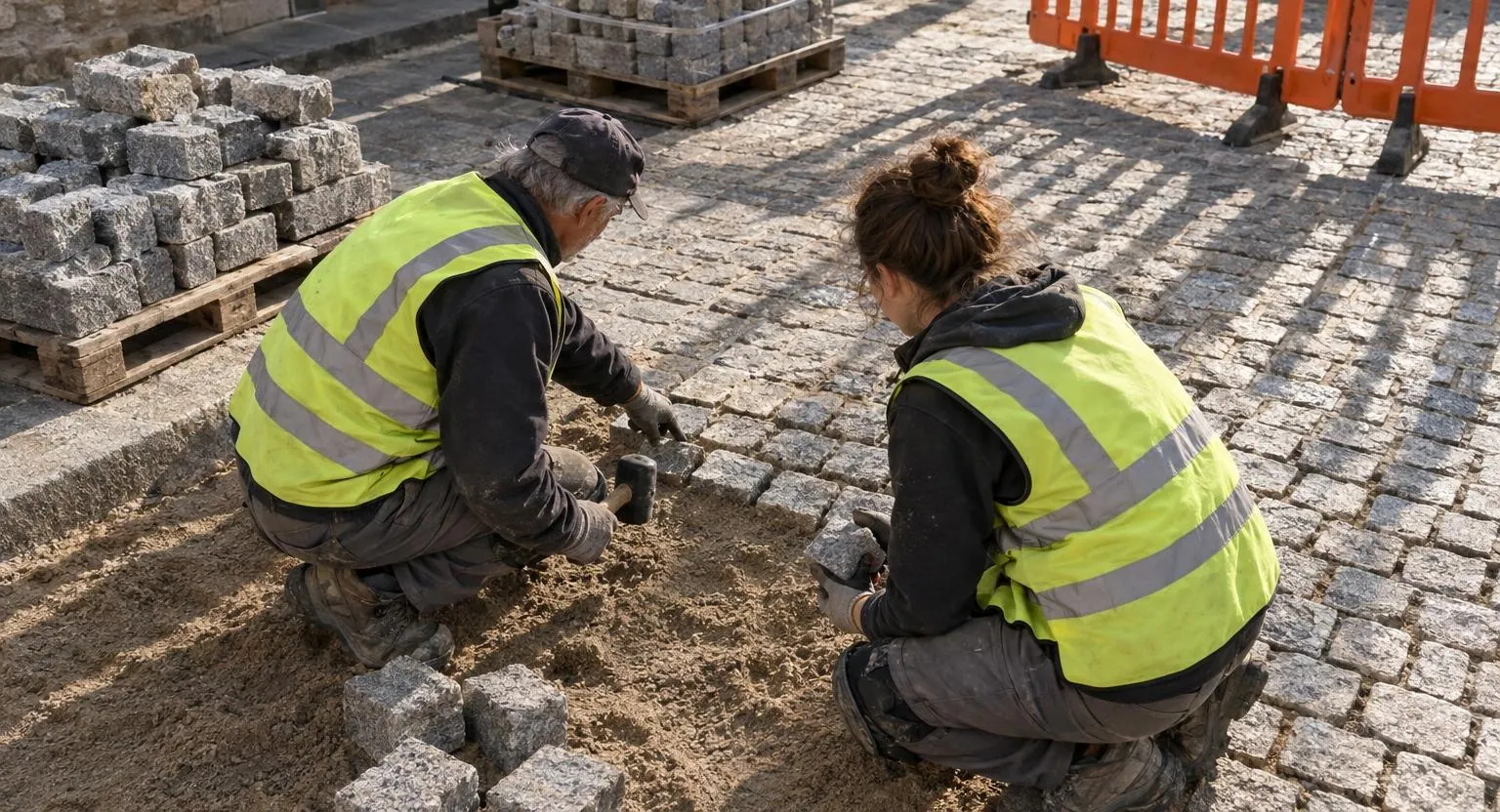 Deux personnes accroupies posent des pavés dans le sable d’une rue en travaux : un homme âgé montre un joint à une jeune femme.