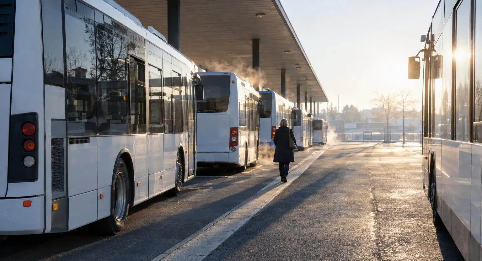 Matin d’hiver dans une gare routière : une femme de dos marche entre des bus alignés sous un long auvent, le soleil bas projetant de longues ombres.