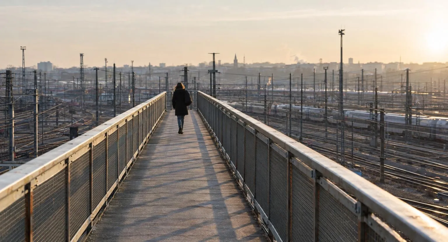 Une personne en manteau sombre marche seule sur une passerelle métallique au-dessus de voies ferrées, sous un soleil d'hiver rasant