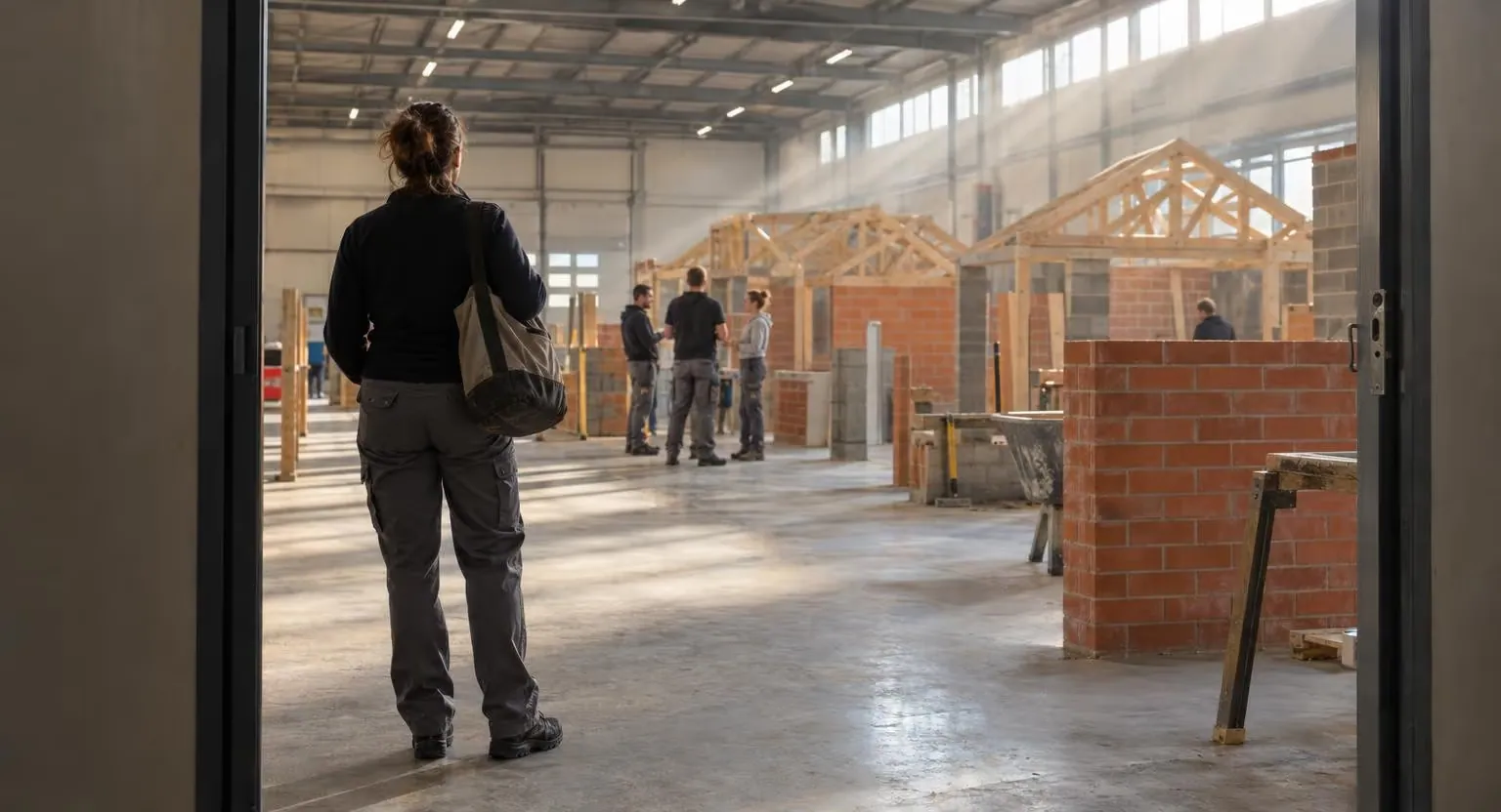 De dos, une femme en tenue de travail neuve, un sac à outils sur l’épaule, s’arrête à l’entrée d’un vaste atelier où se dressent des murs de briques et des charpentes.