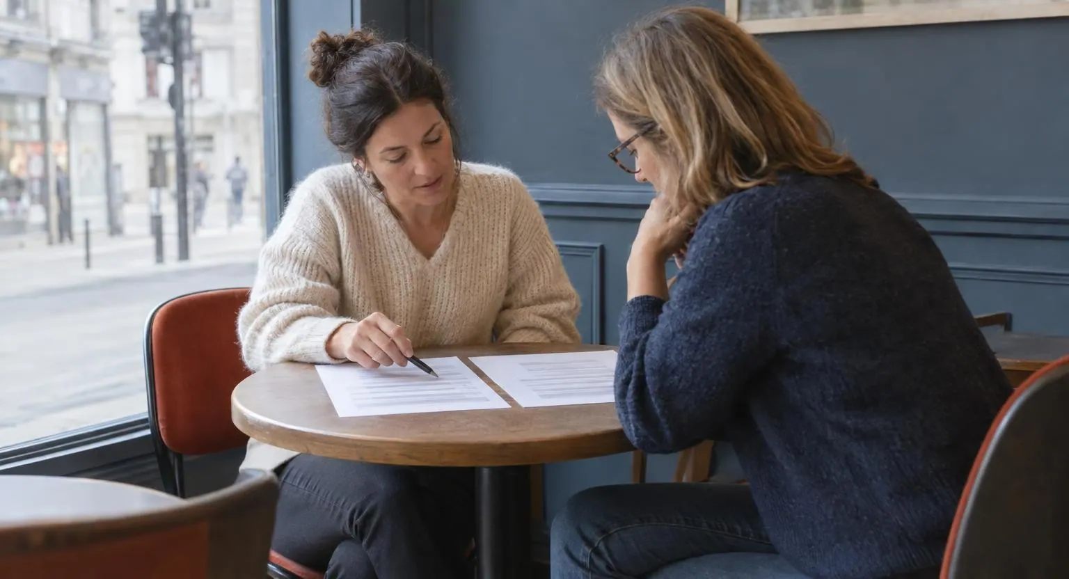À une table de café, une femme pose deux feuilles côte à côte et en montre une avec un stylo ; son amie se penche pour les comparer.