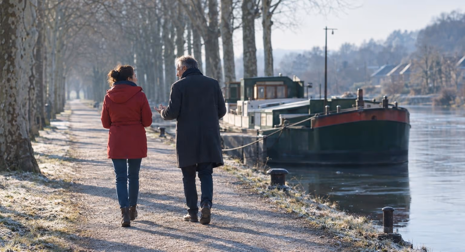 Sur un chemin de halage gelé bordé de platanes nus, une femme en parka rouge et un homme en long manteau marchent côte à côte en discutant.
