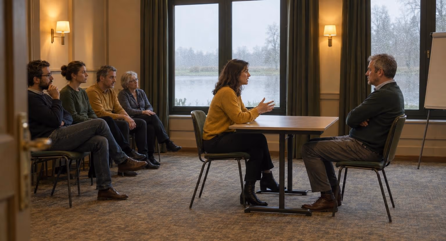 Dans une salle de formation, une jeune femme parle avec les mains face à un homme bras croisés, sous le regard de quatre adultes assis le long du mur.