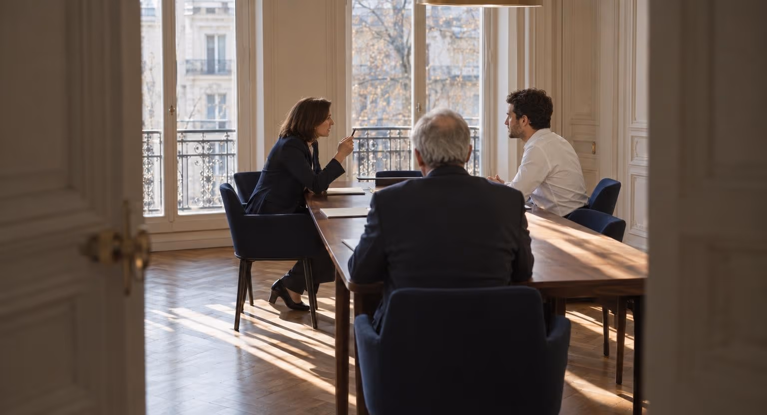 Dans une salle aux hautes fenêtres, une femme en tailleur sombre et un homme en chemise blanche discutent de part et d’autre d’une longue table en noyer.