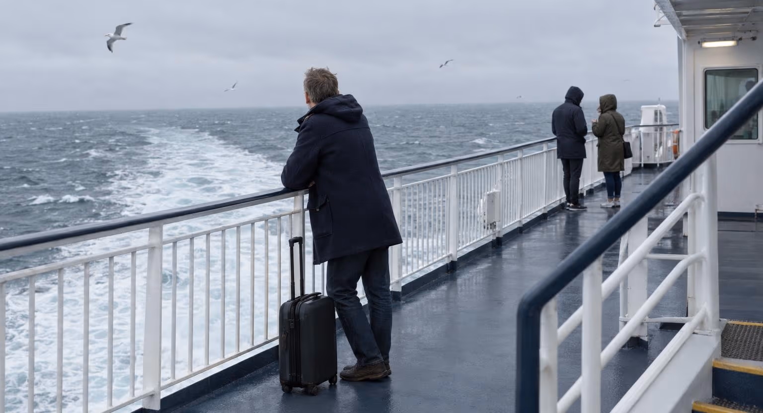 Sur le pont d’un ferry par temps gris, un homme en duffle-coat accoudé au bastingage regarde la mer, une petite valise à roulettes à ses pieds.