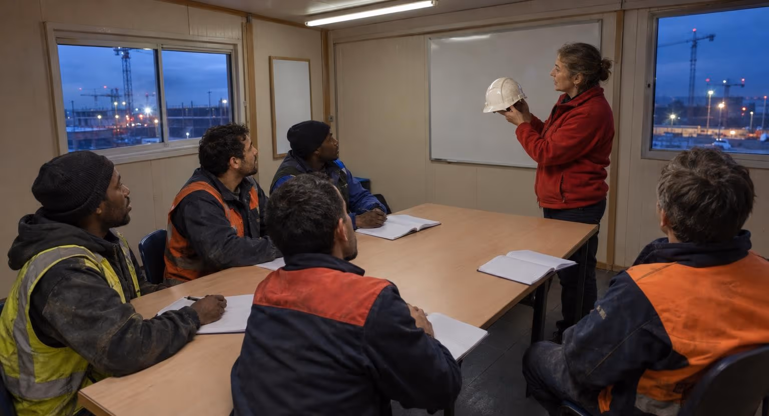 Dans un baraquement de chantier, six hommes assis à une longue table écoutent une femme en polaire rouge qui tient un casque levé.