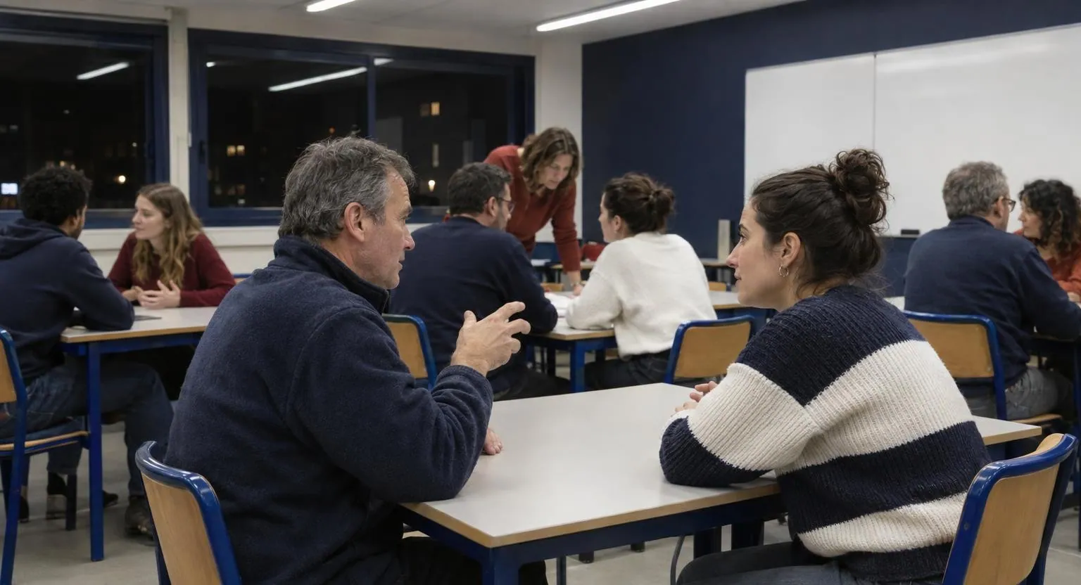 Le soir, dans une salle de classe, des adultes discutent deux par deux ; au premier plan, un homme en polaire cherche ses mots face à une jeune femme.