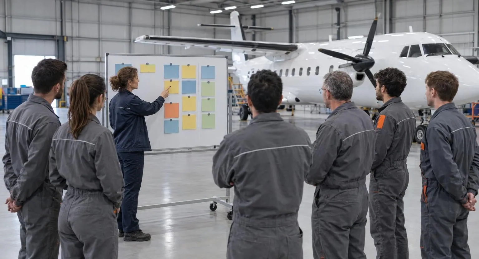 Dans un hangar d’avions, une femme en veste marine montre un tableau couvert de fiches vierges à six personnes en combinaison grise, debout en demi-cercle.