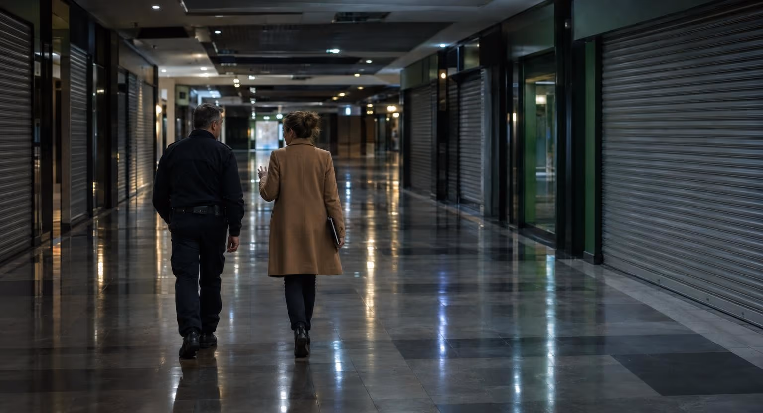 Dans une galerie marchande fermée, rideaux baissés, un homme en uniforme sombre marche aux côtés d’une femme en manteau camel qui lui pose des questions.