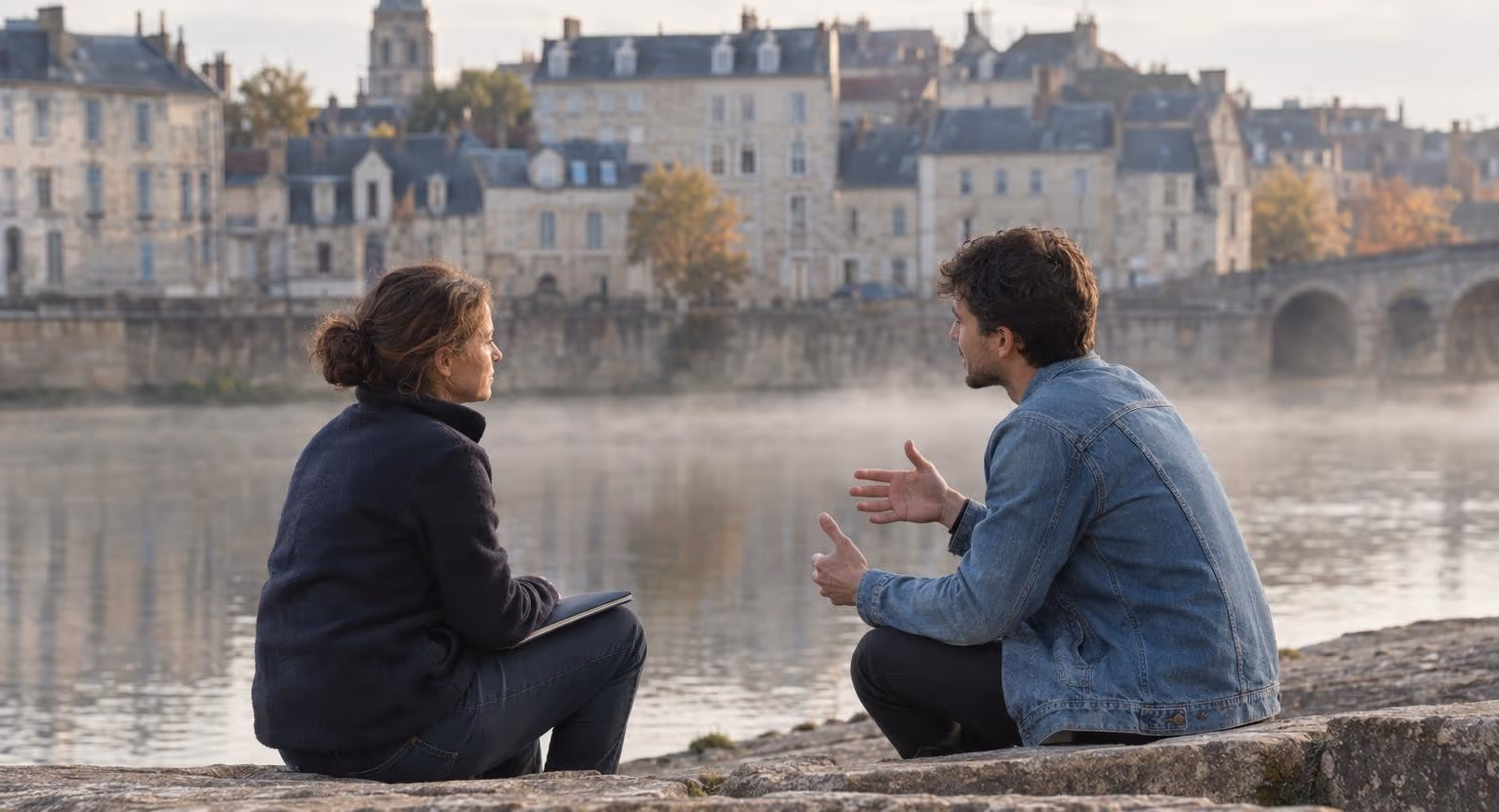 Assise sur les marches de pierre d’un quai, une femme en polaire écoute un jeune homme en veste en jean qui explique en gesticulant.
