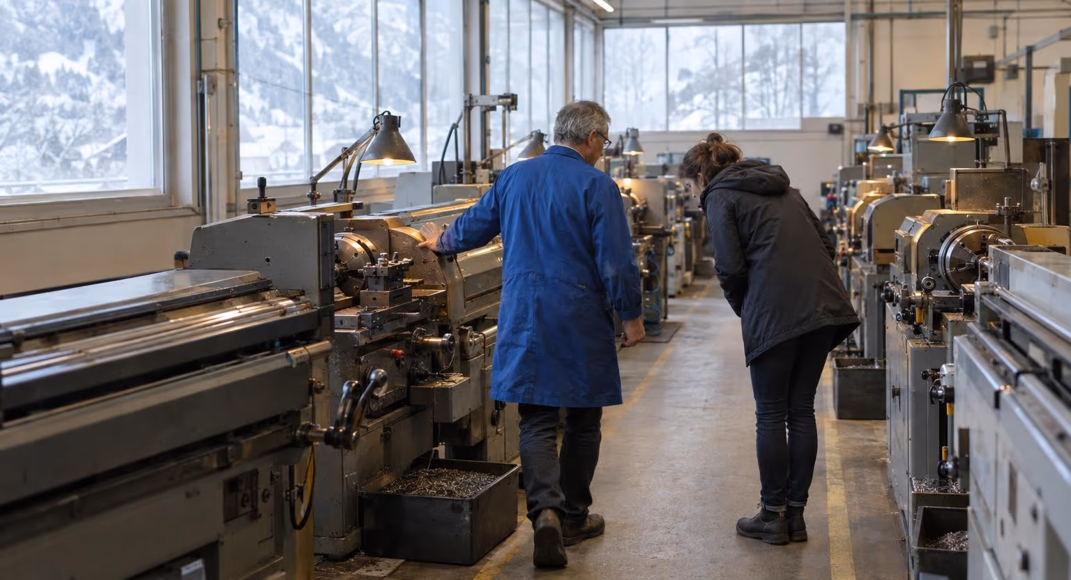 Dans un atelier de tours mécaniques, un homme en blouse bleue fait visiter les machines à une femme en parka, une main posée sur l’une d’elles.