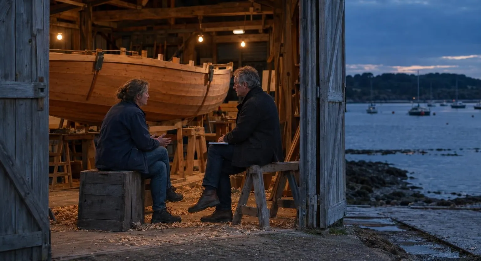 Le soir, dans un hangar à bateaux ouvert, une femme assise sur une caisse parle à un homme en manteau sombre, près d’une coque en bois inachevée.