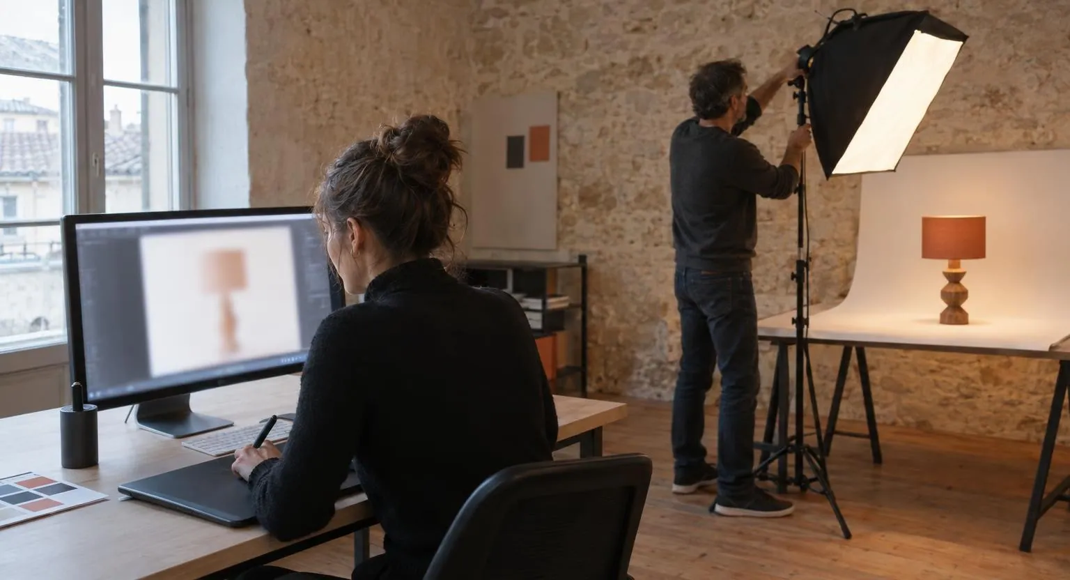 Dans un studio au mur de pierre, une femme retouche une photo au stylet devant un grand écran flou ; derrière elle, un homme règle un éclairage sur un fond blanc.