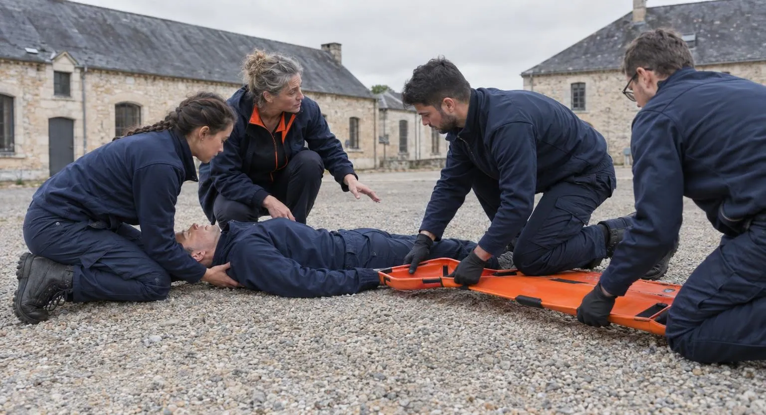 Dans une cour gravillonnée, quatre personnes en tenue bleu marine glissent un brancard sous un homme allongé au sol, guidées par une femme accroupie.