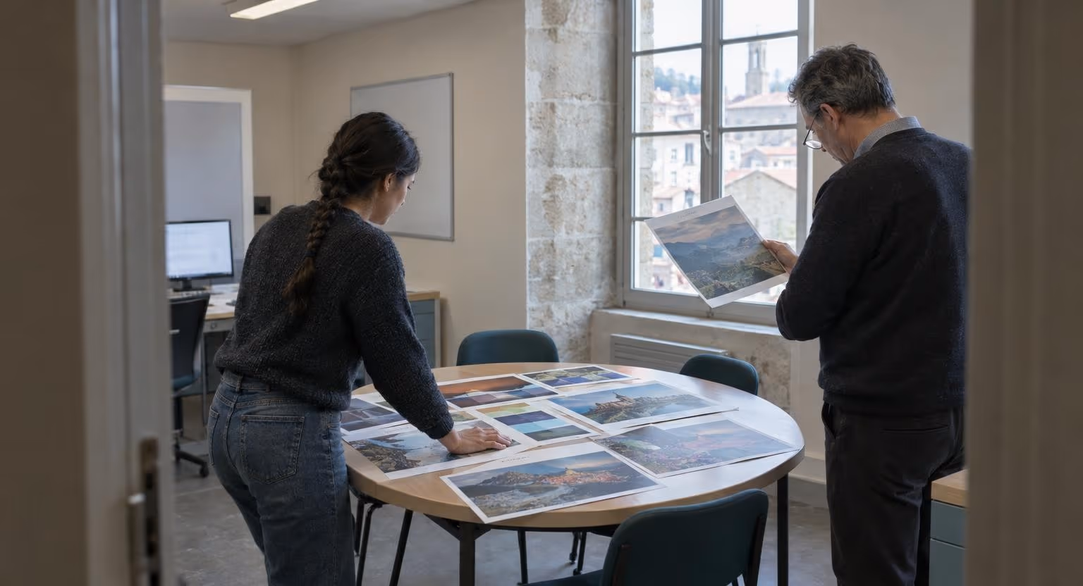 Dans une pièce aux murs de pierre, une jeune femme étale de grands tirages en couleurs sur une table ronde ; un homme à lunettes en lève un vers la lumière.