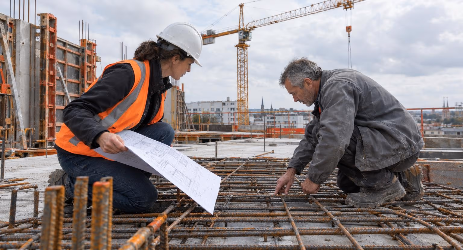 Sur une dalle de béton hérissée de fers, une femme casquée compare un grand plan imprimé aux barres d’acier ; un homme accroupi suit une barre du doigt.
