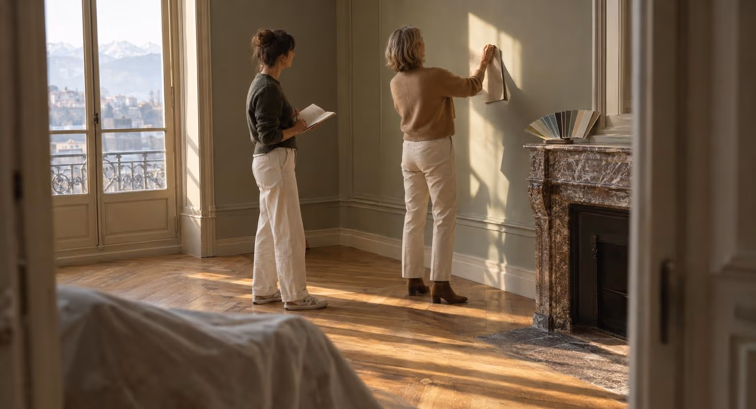 Dans un salon vide au parquet poncé, une femme tient un échantillon de tissu contre le mur pendant qu’une autre, un carnet ouvert à la main, la regarde.