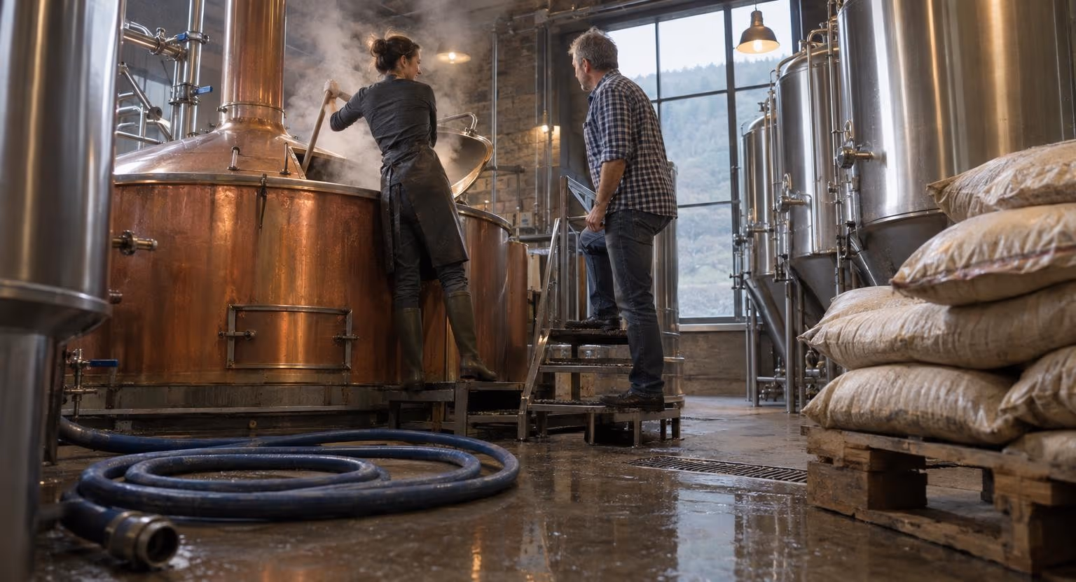 Dans une salle pleine de vapeur, une femme en tablier remue le contenu d’une cuve en cuivre avec une pagaie ; un homme en chemise à carreaux la regarde.