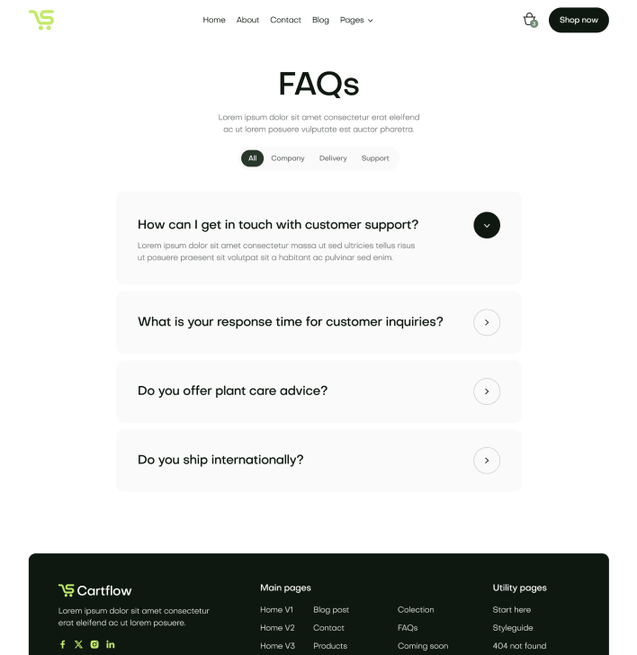 Cartflow - FAQs Page - Ecommerce Store Webflow Template