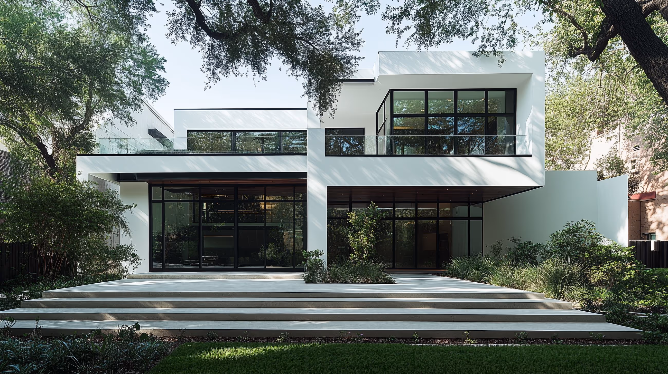 A white home, built in the style of ultra modern design. The home has plants surrounding the front patio.