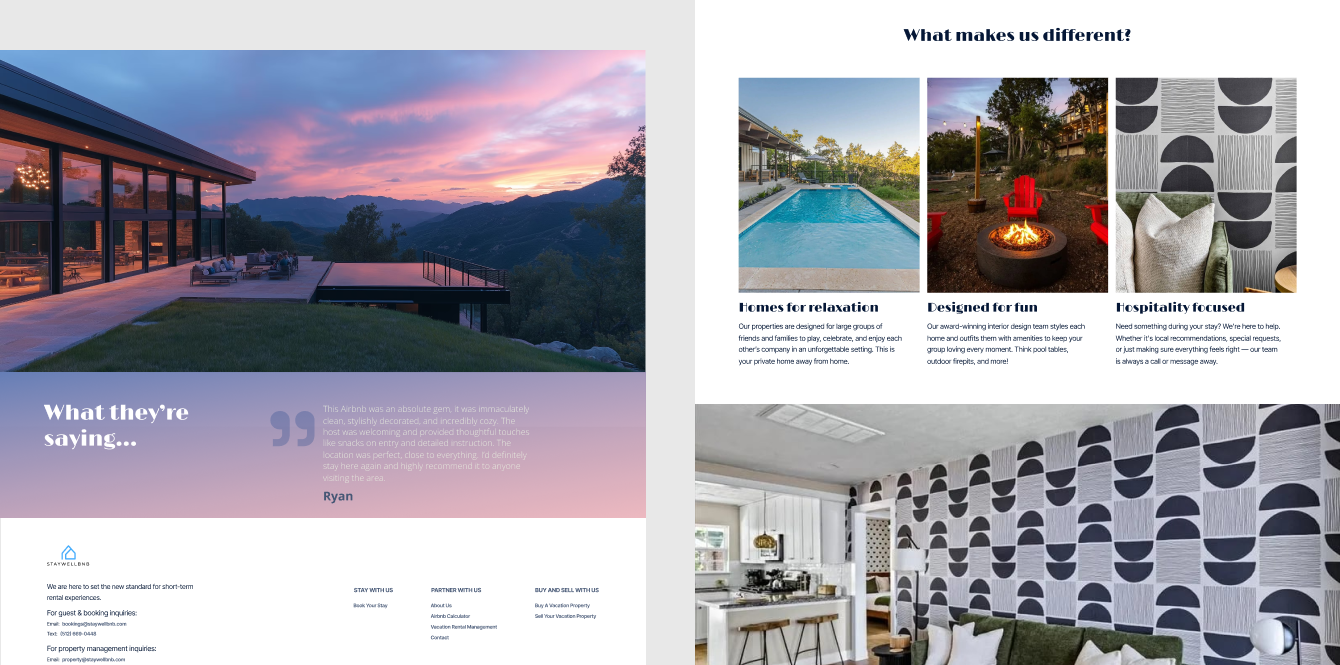 Website design layout for Staywellbnb luxury rental properties, showcasing interiors and exteriors.