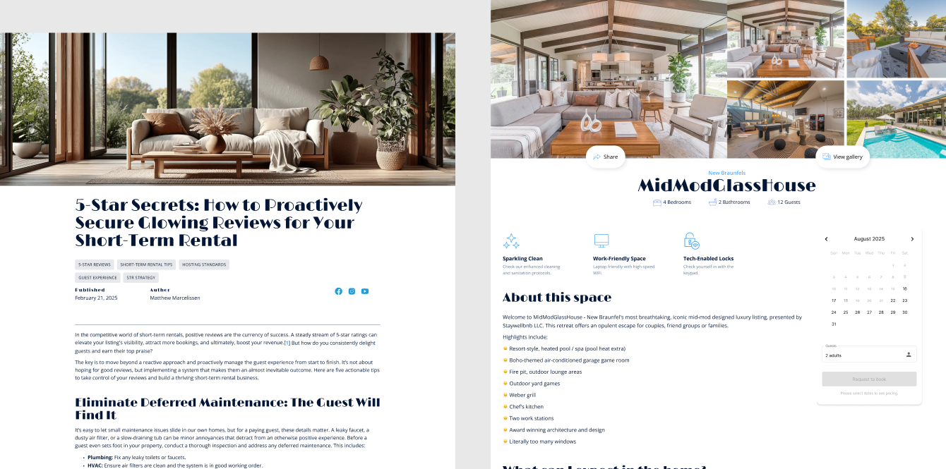 Website design layout for Staywellbnb vacation rental properties, showcasing a blog post and property details.
