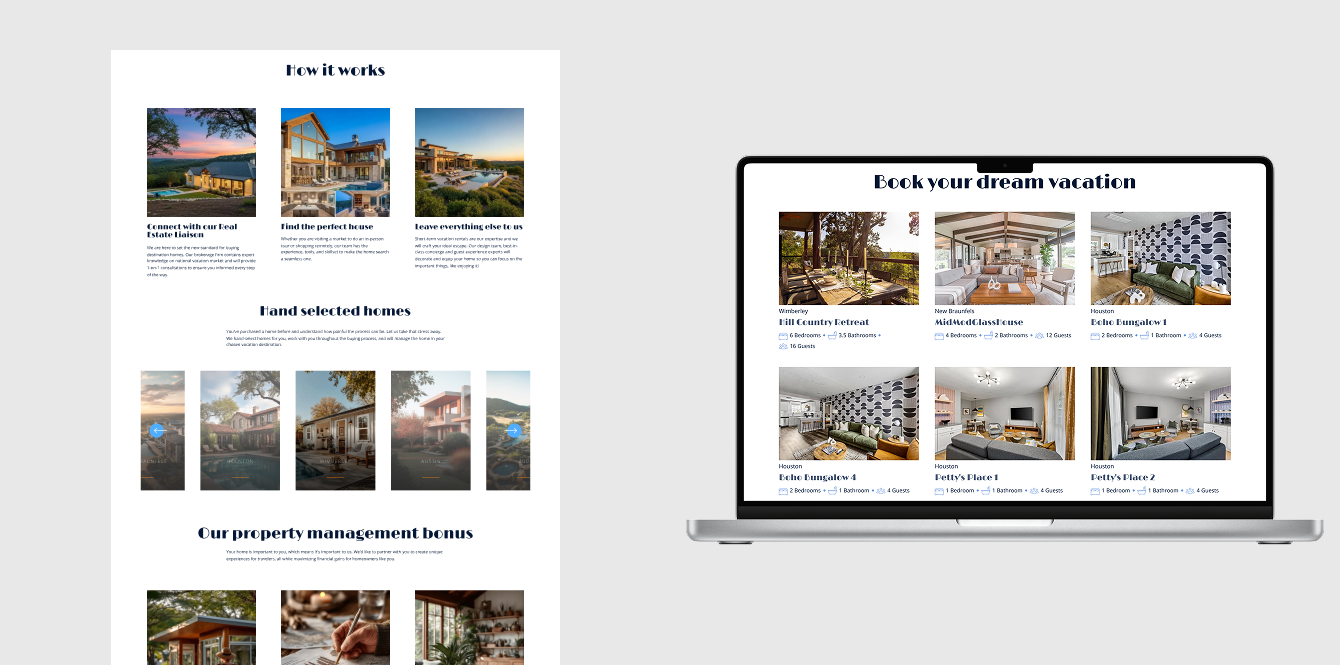 Website design layout for Staywellbnb vacation rental properties, showcasing property management info.