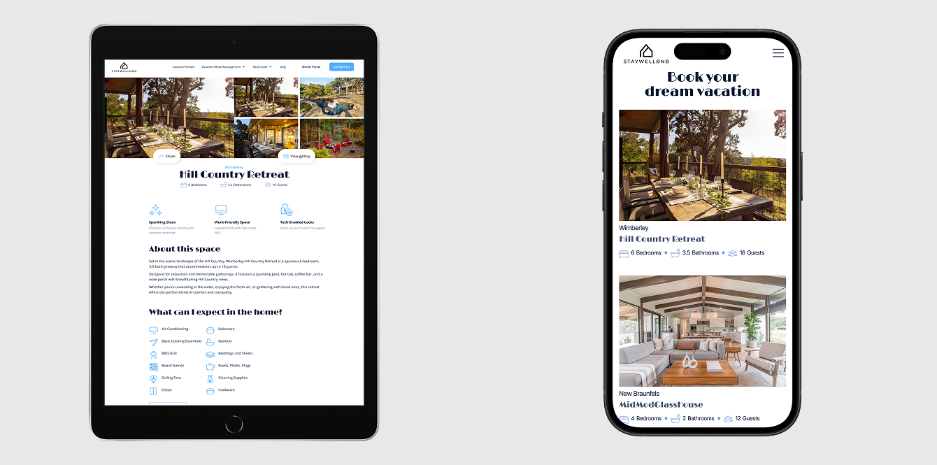 Website design layout on mobile for Staywellbnb property management company.