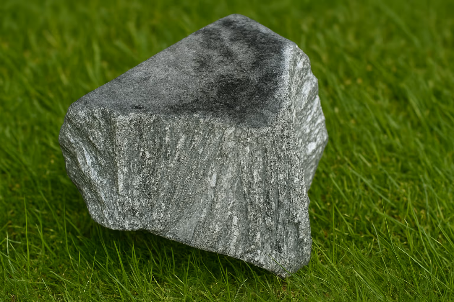 Dreieckiger grauer Felsen mit rauer Oberfläche auf grünem Gras.