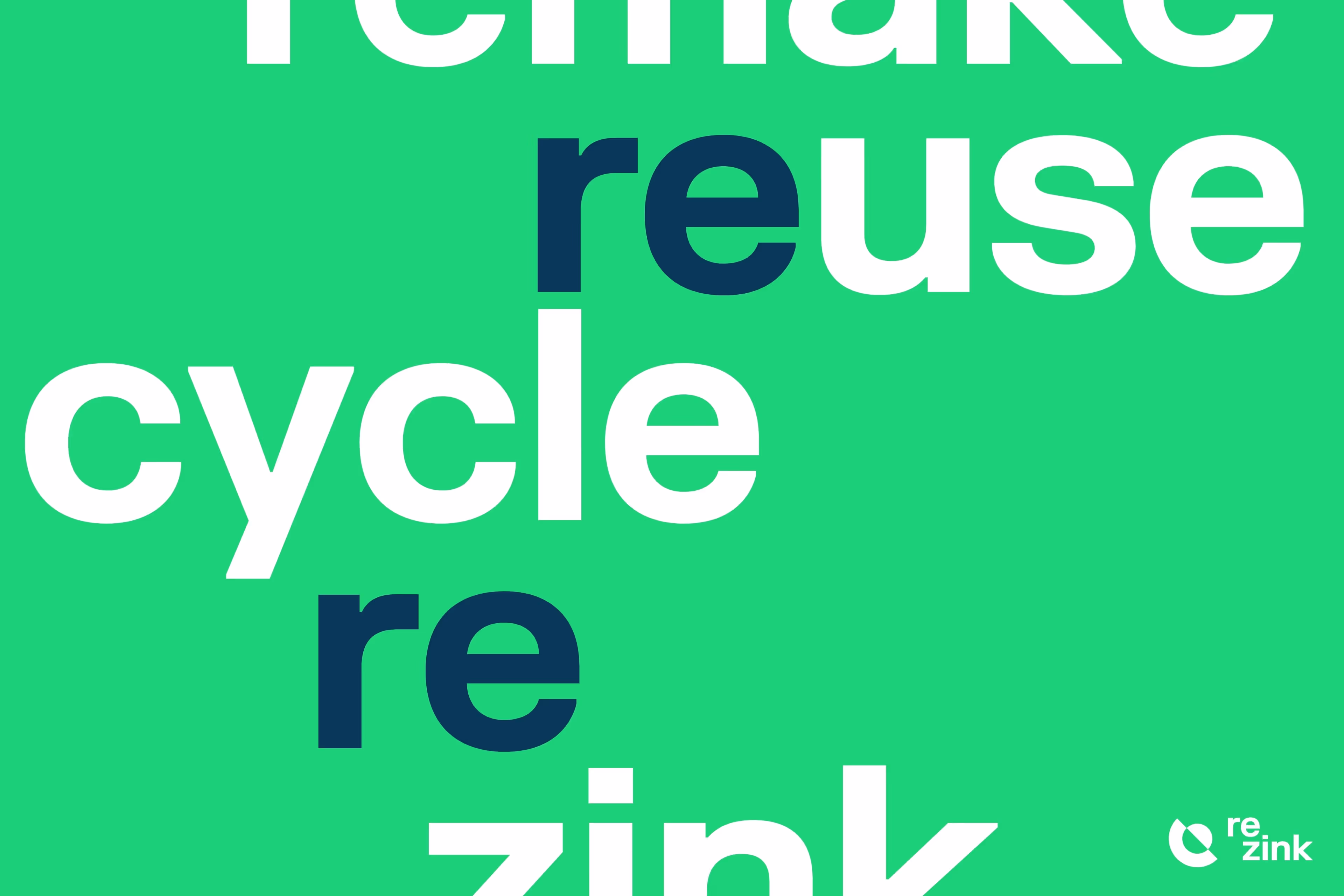 Grüner Hintergrund mit den Worten Make, reuse, cycle, re, zink in großen weißen und dunklen Buchstaben, mit re.zink Logo unten rechts.