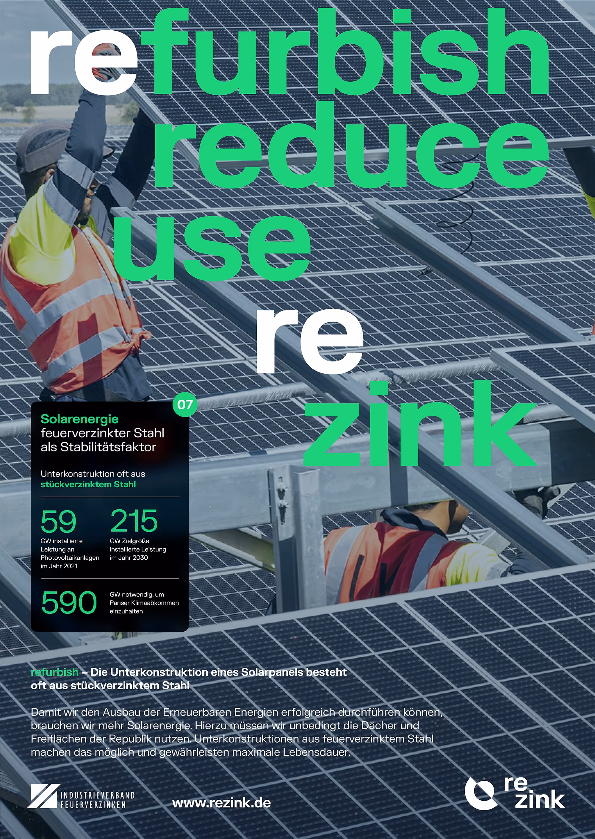 Zwei Arbeiter montieren Solarpanels auf einem Stahlrahmen mit Solarzellen, Text zu Solarenergie und feuerverzinktem Stahl als Stabilitätsfaktor.