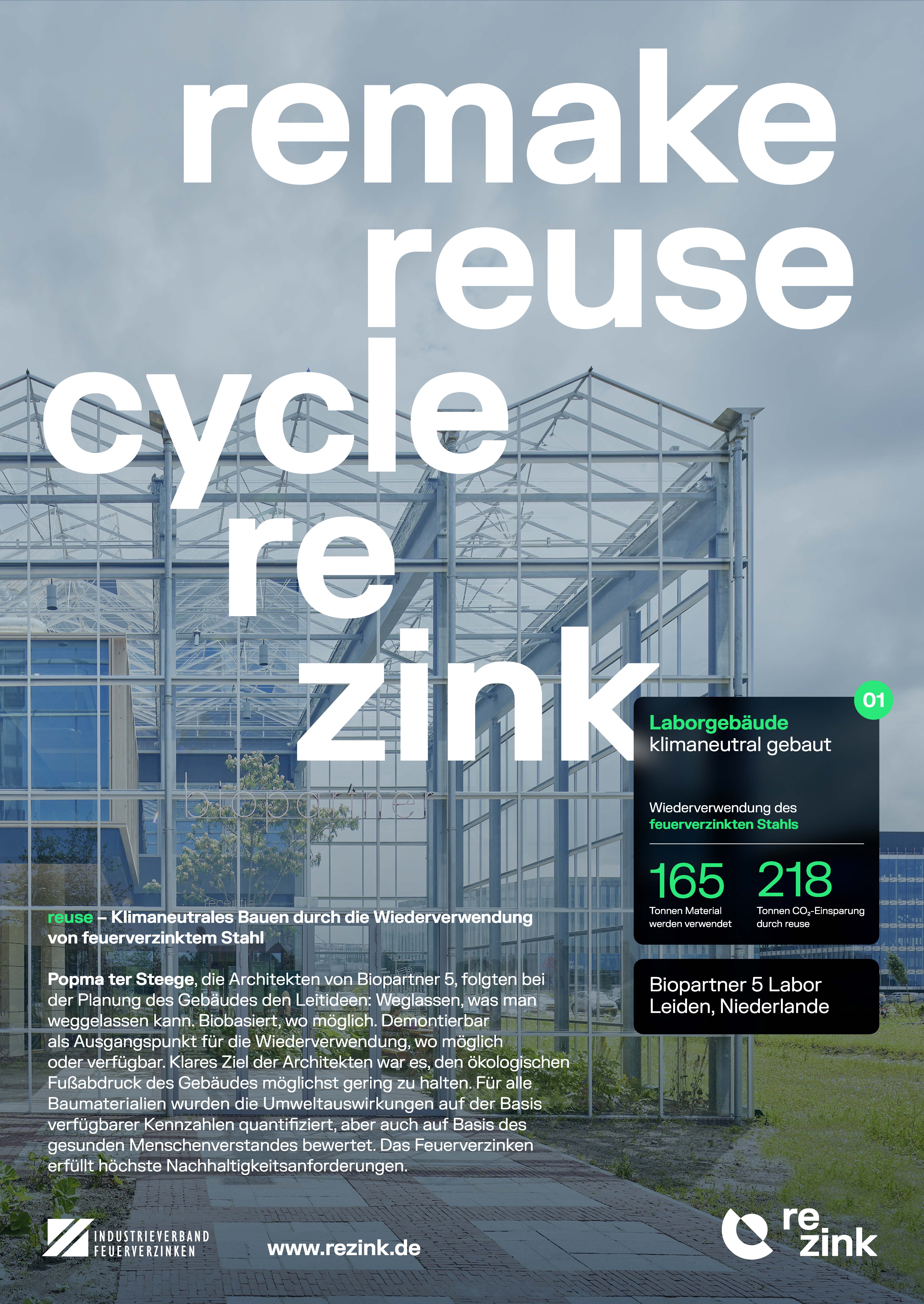 Modernes Laborgebäude aus feuerverzinktem Stahl mit großer Glasfassade unter bewölktem Himmel, überlagert von Text zu nachhaltigem Bauen und Wiederverwendung.