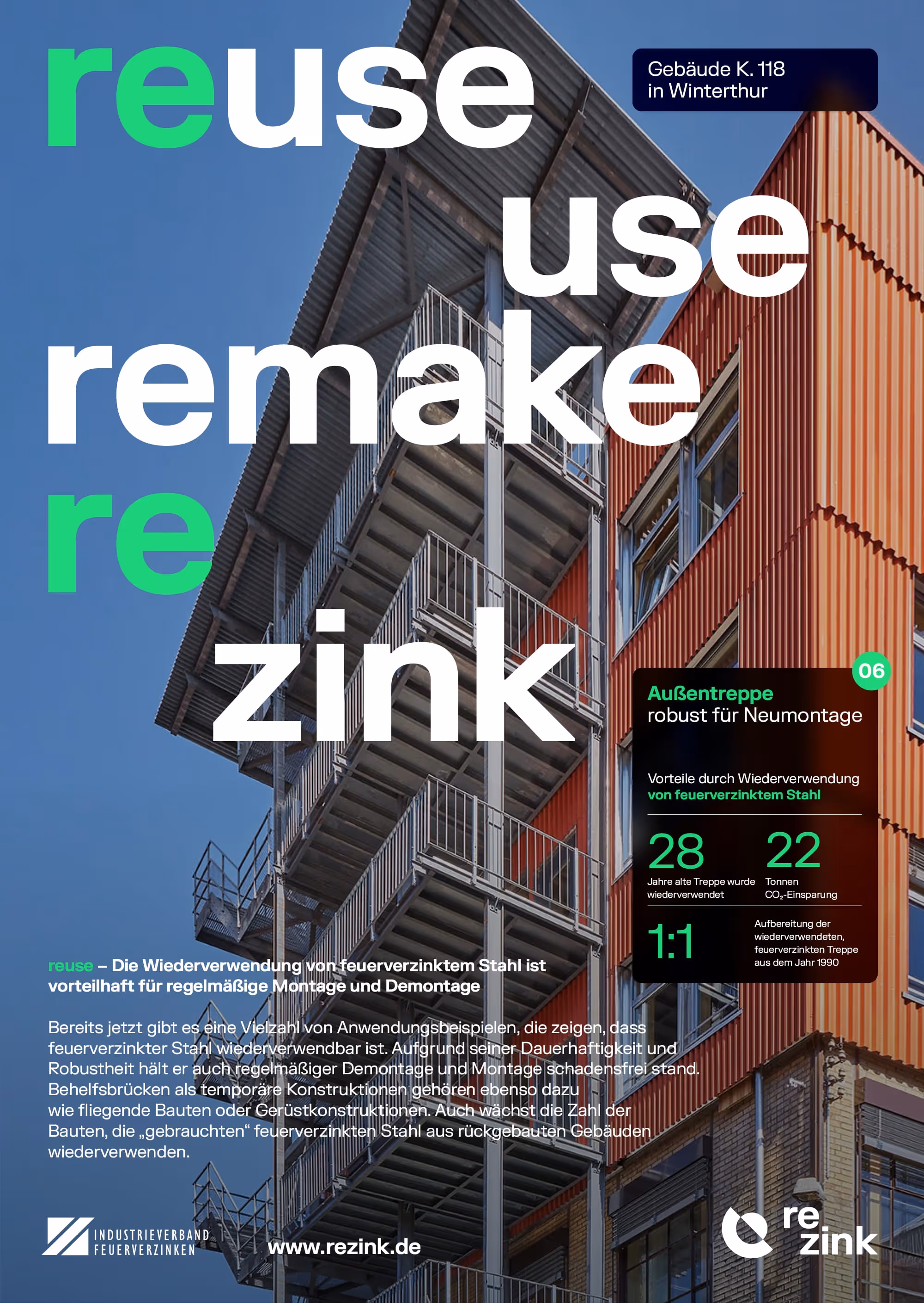 Außentreppe aus feuerverzinktem Stahl an einem roten Gebäude in Winterthur mit Text über Wiederverwendung und Umweltvorteile.
