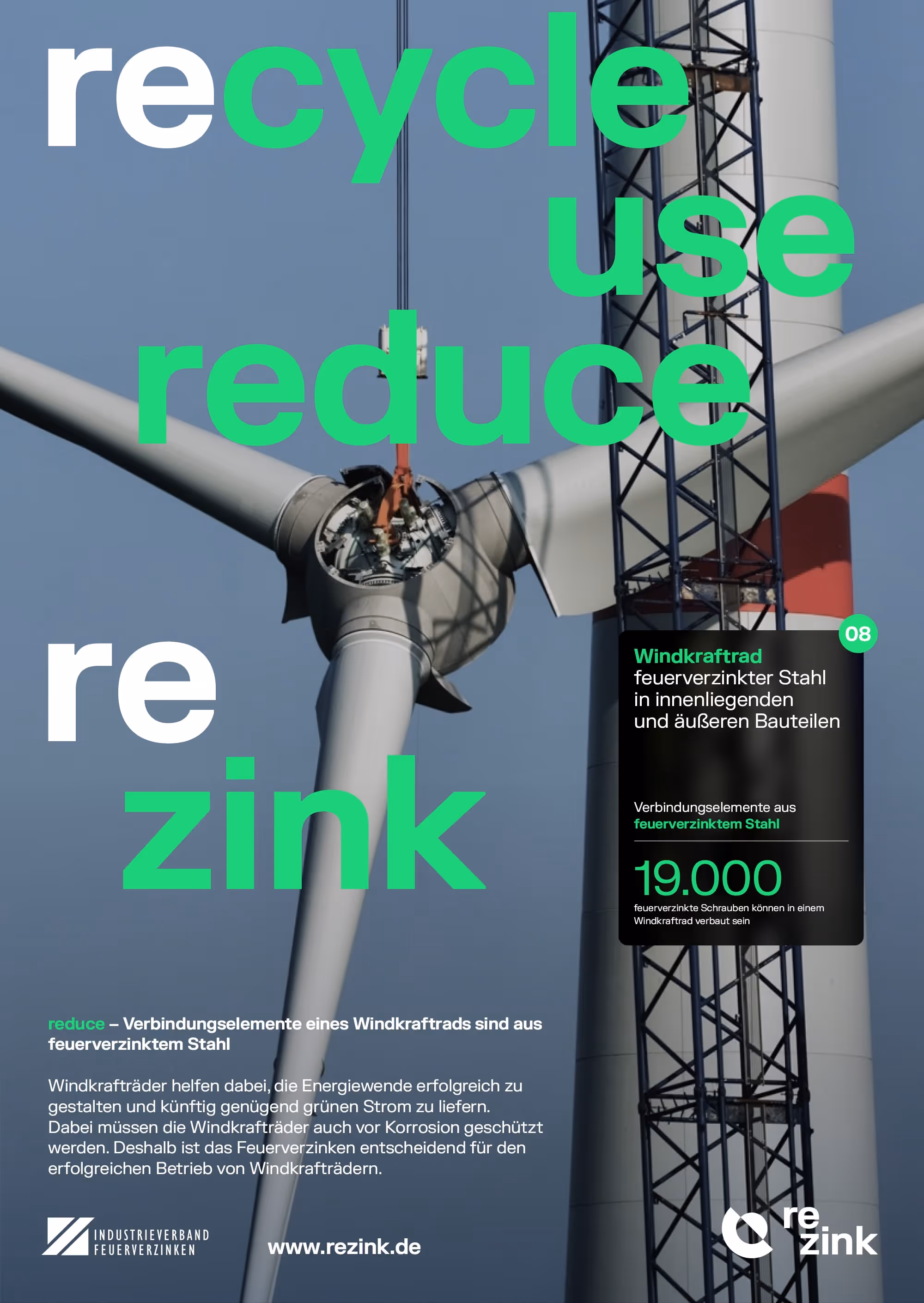 Windkraftanlage in Bau mit Kran, überlagert von Texten zu Recycling, Nutzung und Reduzierung sowie Informationen zu feuerverzinktem Stahl für Windkraftträder.