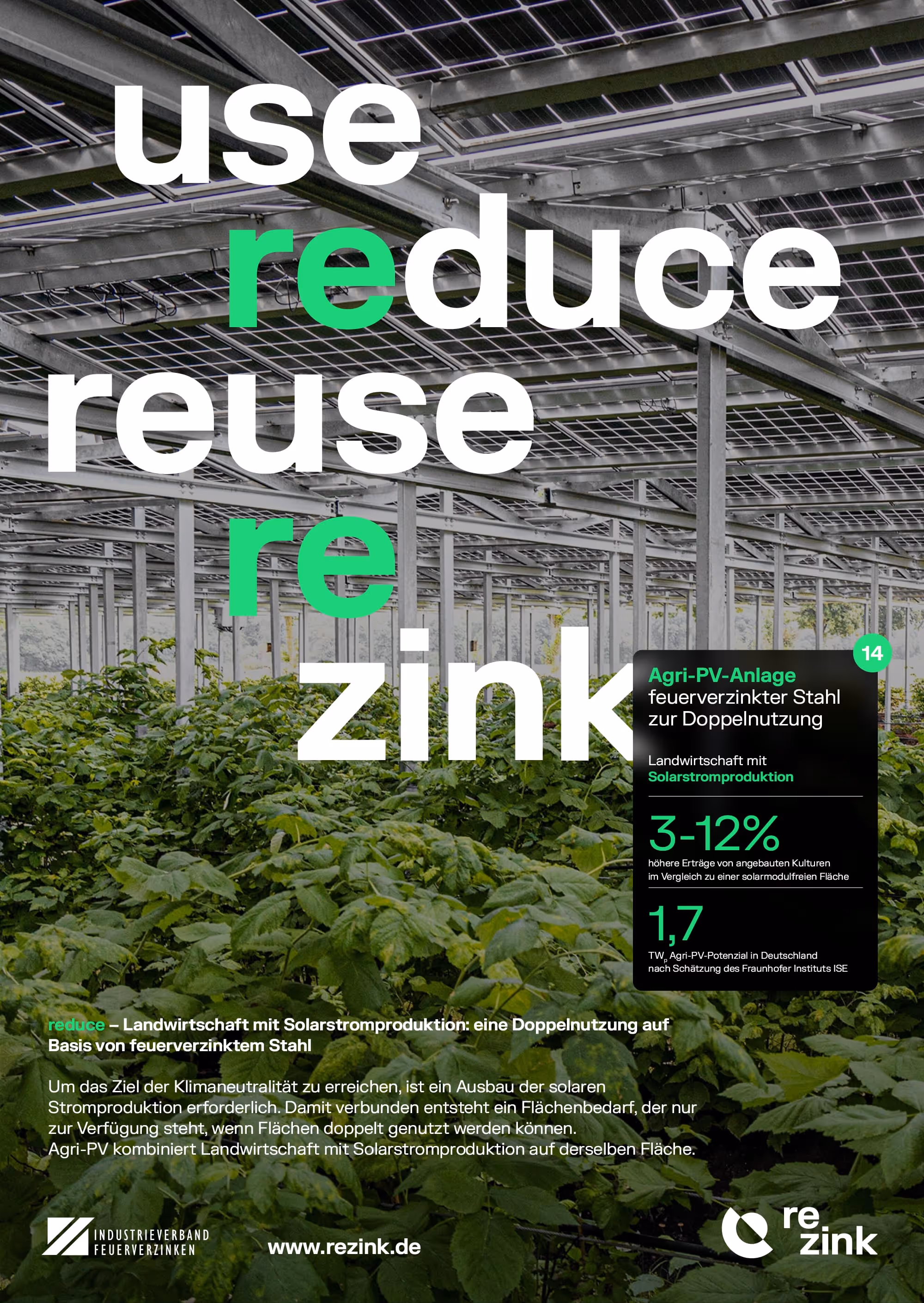 Agri-PV-Anlage mit Solarmodulen auf feuerverzinktem Stahl über Gemüseanbau für kombinierte Landwirtschaft und Solarstromproduktion.