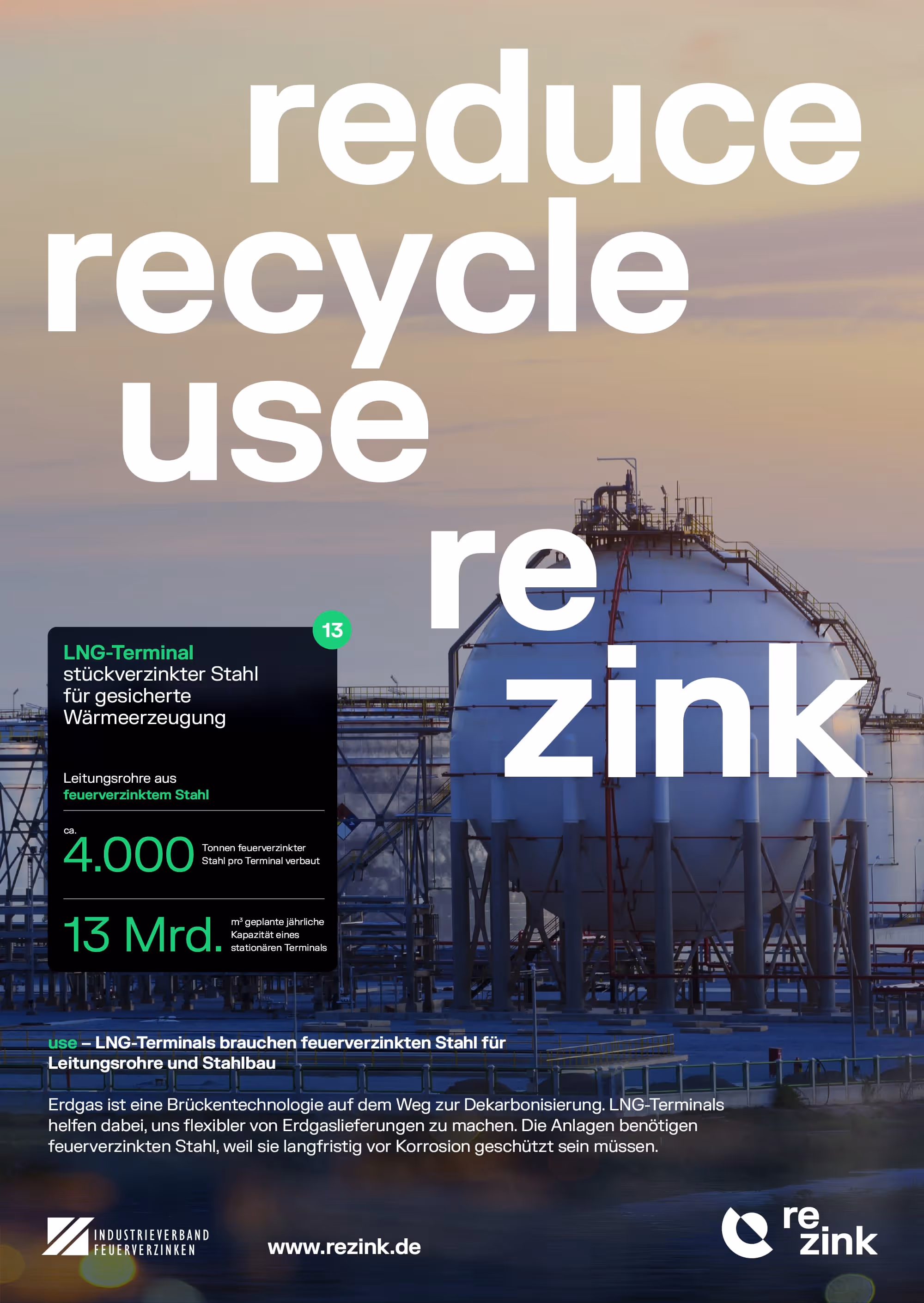 LNG-Terminal mit kugelförmigen Speichertank bei Sonnenuntergang, Text über feuerverzinkten Stahl für Leitungsrohre und Wärmeerzeugung.