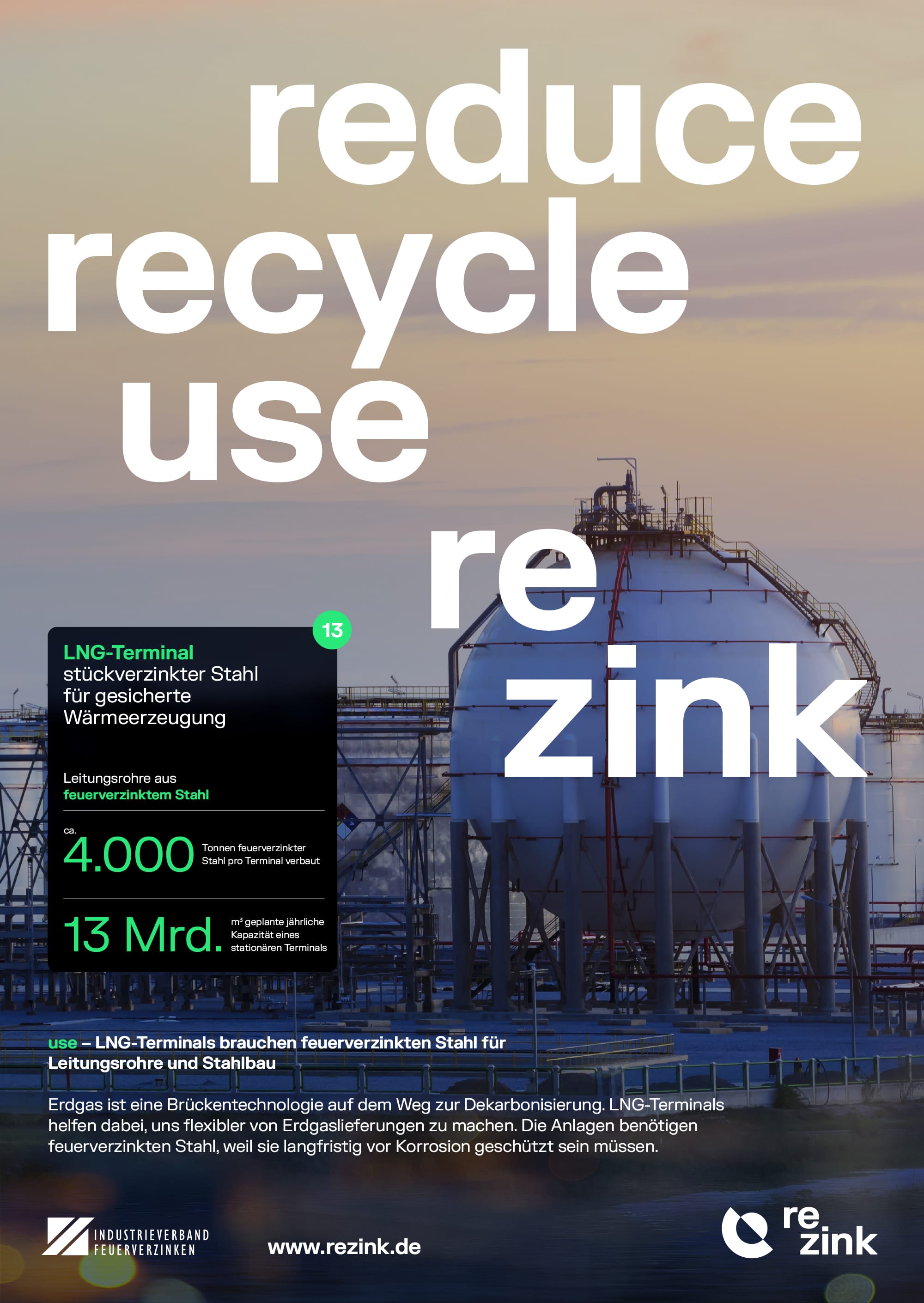 LNG-Terminal mit kugelförmigen Speichertank bei Sonnenuntergang, Text über feuerverzinkten Stahl für Leitungsrohre und Wärmeerzeugung.