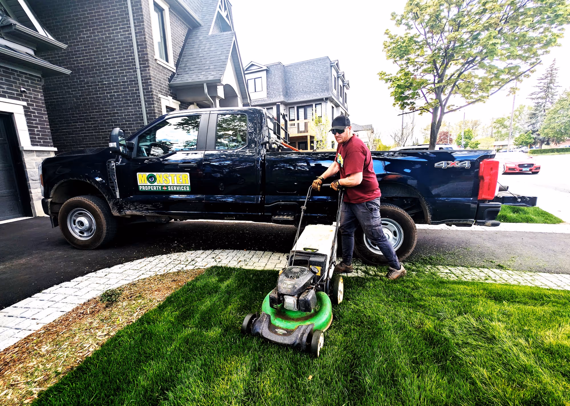 Monster crew member cutting a lawn in front of a Monster Property Services truck in Toronto