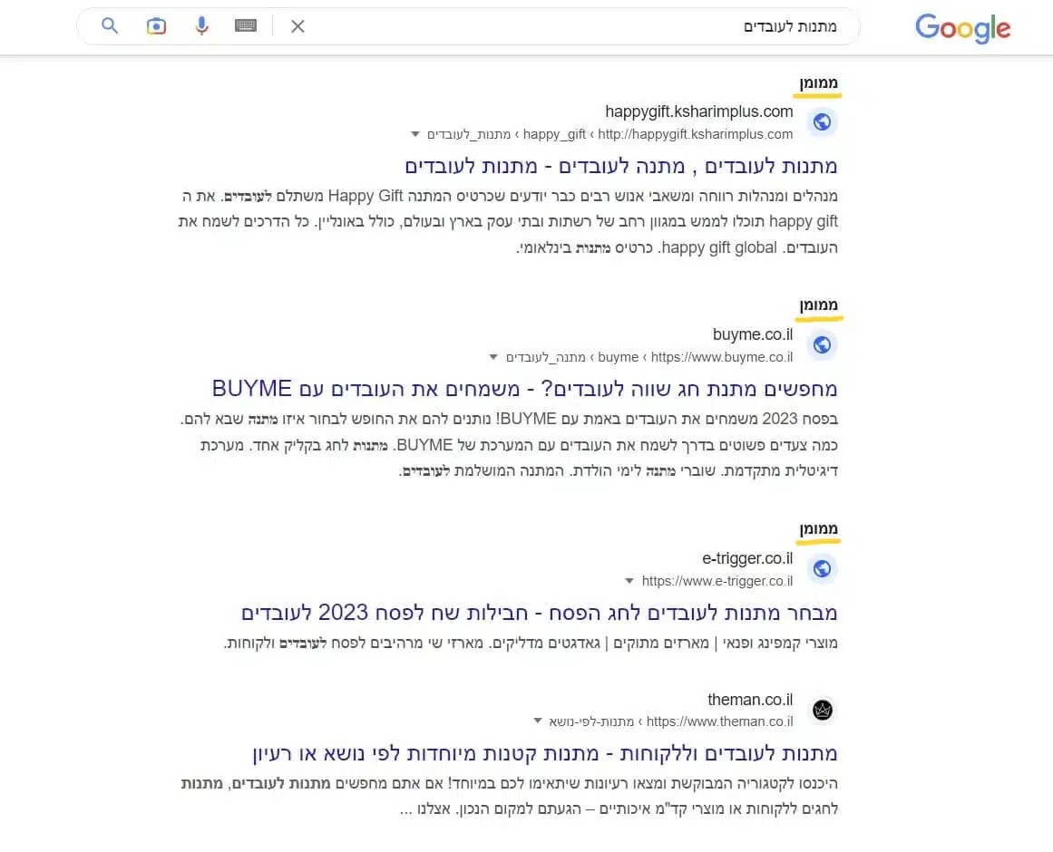 דוגמא פרסום ברשת החיפוש