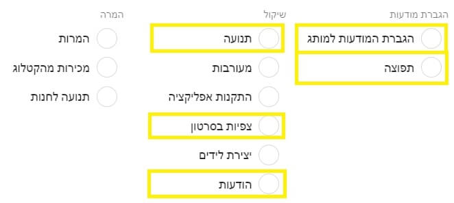 בחירת מטרות בקמפיין בפייסבוק TOF