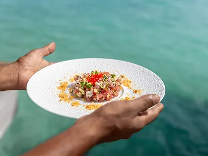 Tartare de poisson servi au restaurant de La Toubana Hôtel & Spa, plat créole face à la mer en Guadeloupe.