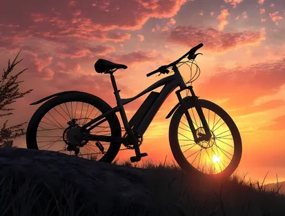 Silhouette of a modern mountain bike on a grassy hill, with a bright orange sunset and colorful clouds in the background. This image may suggest outdoor activities available near a luxury hotel in Guadeloupe.