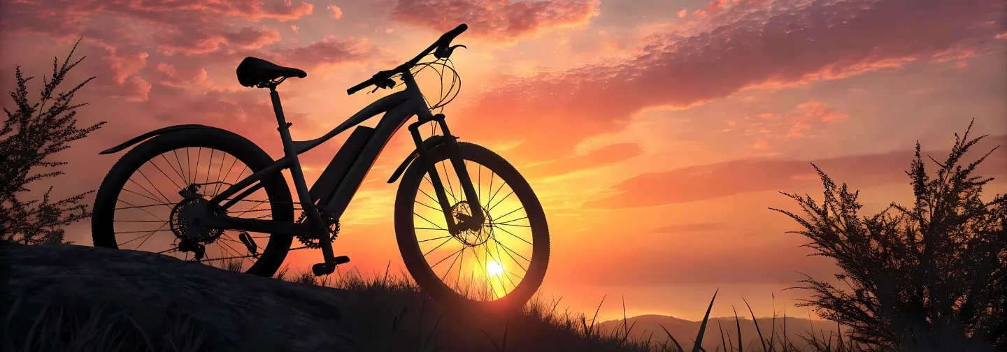 Silhouette of a modern mountain bike on a grassy hill, with a bright orange sunset and colorful clouds in the background. This image may suggest outdoor activities available near a luxury hotel in Guadeloupe.