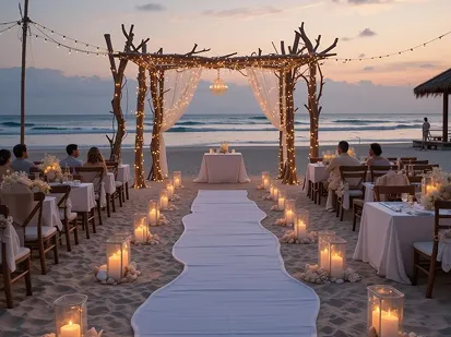 Wedding ceremony on a beach at sunset, with a white aisle lined with lighted lanterns leading to a wooden arch draped in fabric, ready for a romantic Caribbean wedding in Guadeloupe.