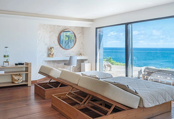 Sisley spa relaxation room overlooking the sea in Guadeloupe.