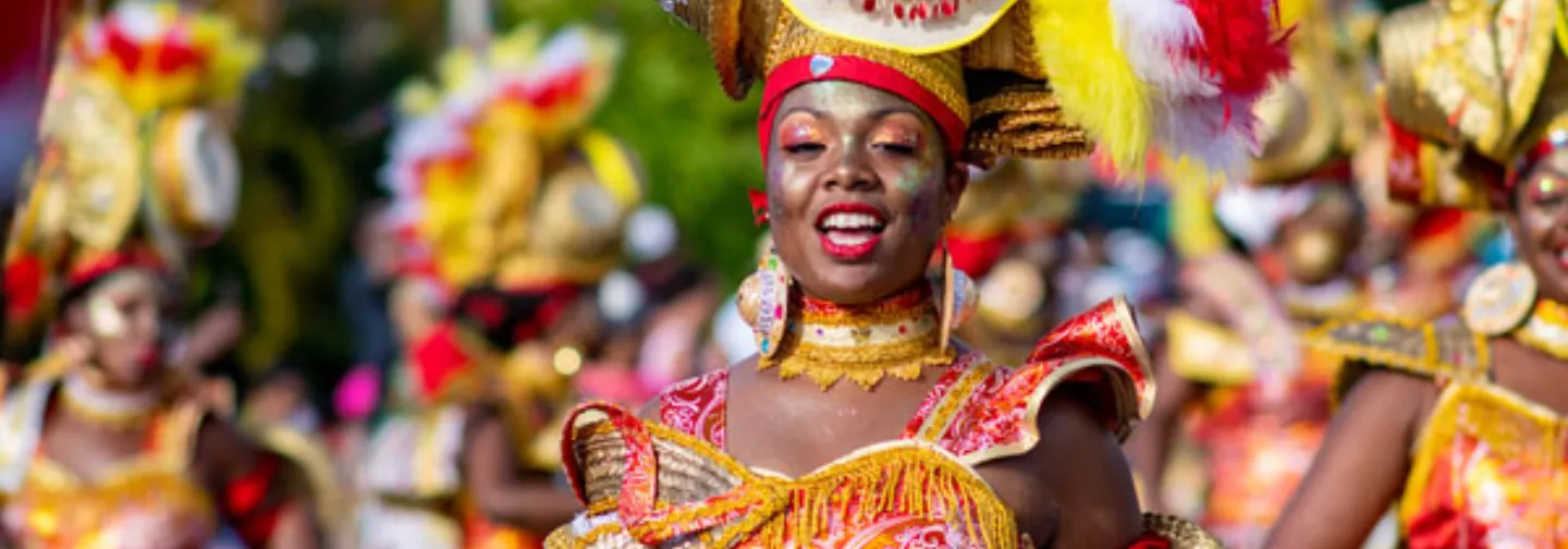 Art and culture of Mauritius: a smiling woman in traditional festival costume.