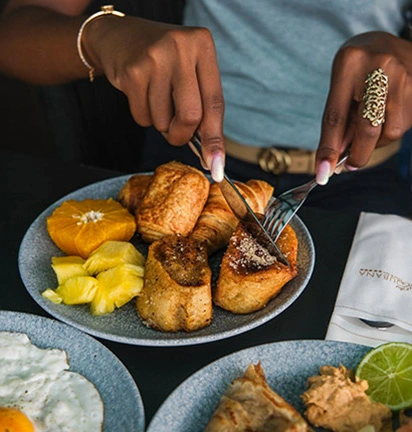 Gourmet breakfast with pastries, fresh fruit and Creole specialties served at La Toubana Hotel & Spa.