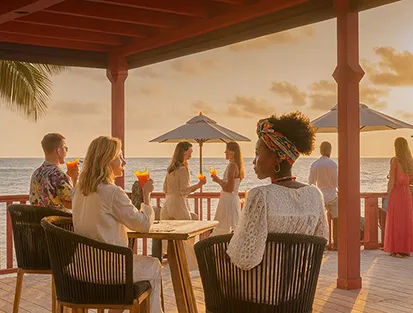 Group of friends enjoying a festive afternoon in the sun at La Toubana Hotel & Spa in Guadeloupe