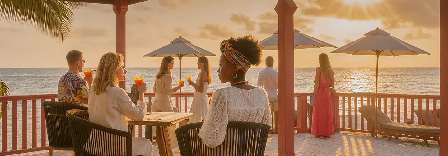 Groupe d’amis profitant d’un après-midi festif en plein soleil à La Toubana Hôtel & Spa en Guadeloupe