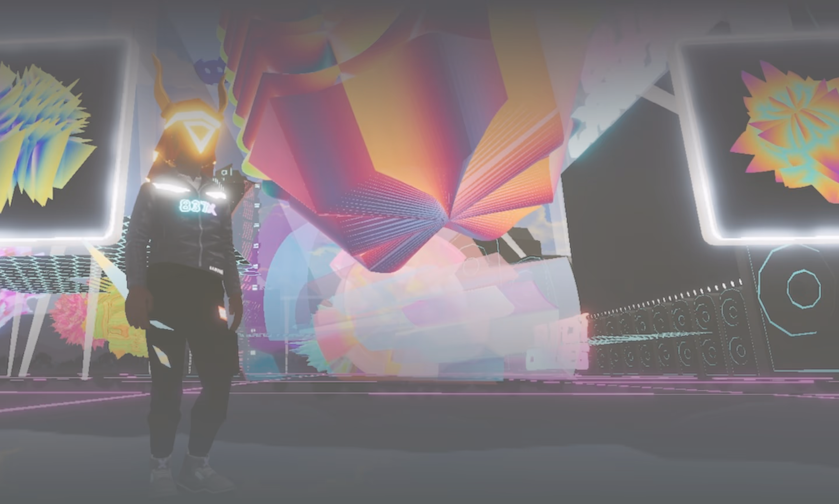 A man standing in front of a large display of art.